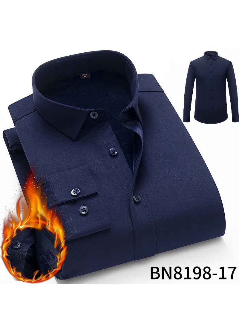 Autumn/Winter Mens Thickened Fleece-Lined Long Sleeve Casual Elastic Warm Shirt Light Business Solid Color Shirt 17 navy blue