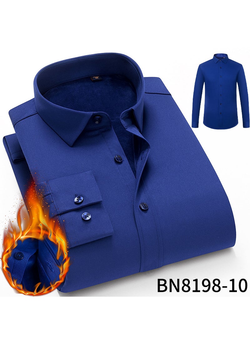 Autumn/Winter Mens Thickened Fleece-Lined Long Sleeve Casual Elastic Warm Shirt Light Business Solid Color Shirt 11 Rouge