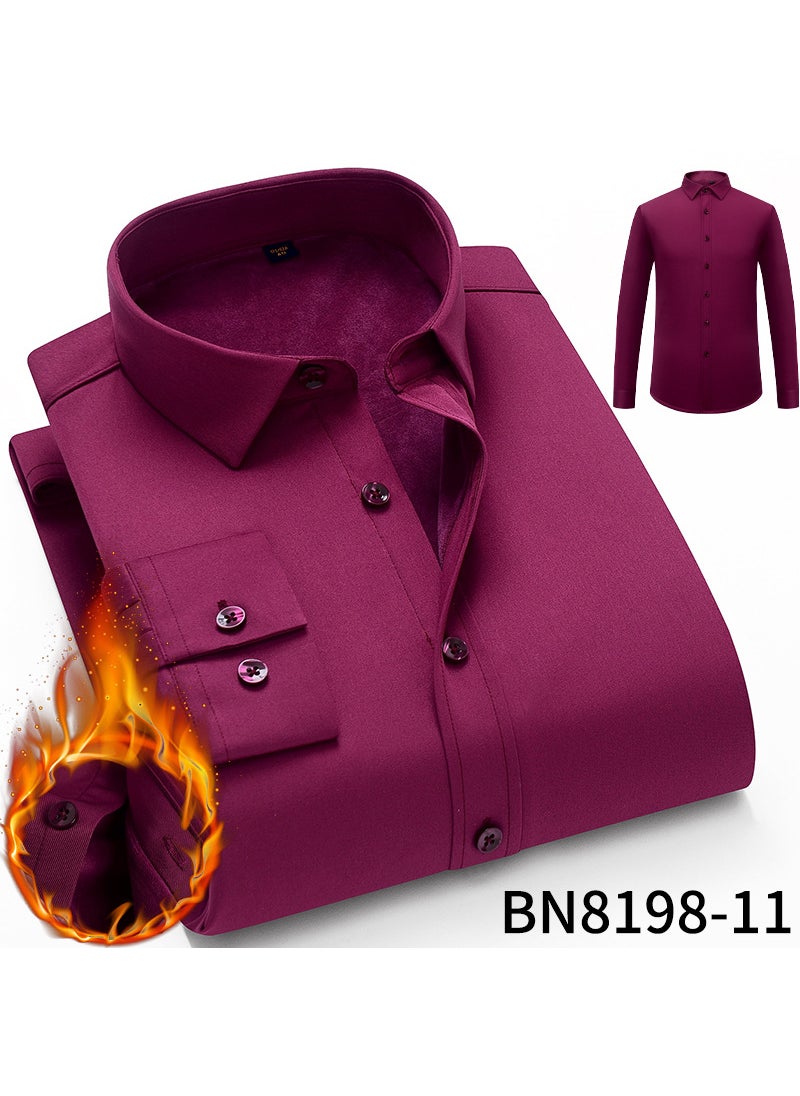 Autumn/Winter Mens Thickened Fleece-Lined Long Sleeve Casual Elastic Warm Shirt Light Business Solid Color Shirt 11 Rouge