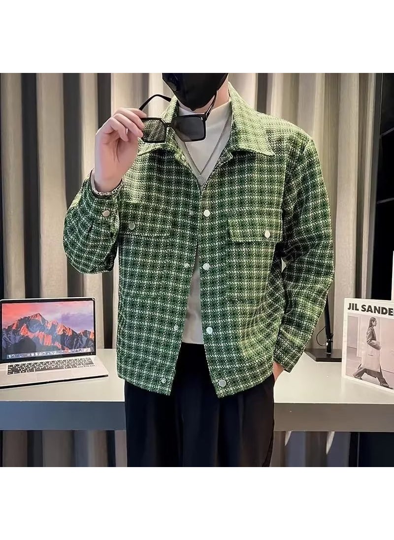 Casual Long Sleeve Mens Shirt Jacket Hong Kong Style Plaid Pattern Spring Autumn Fashion Classic Korean Version Outerwear White