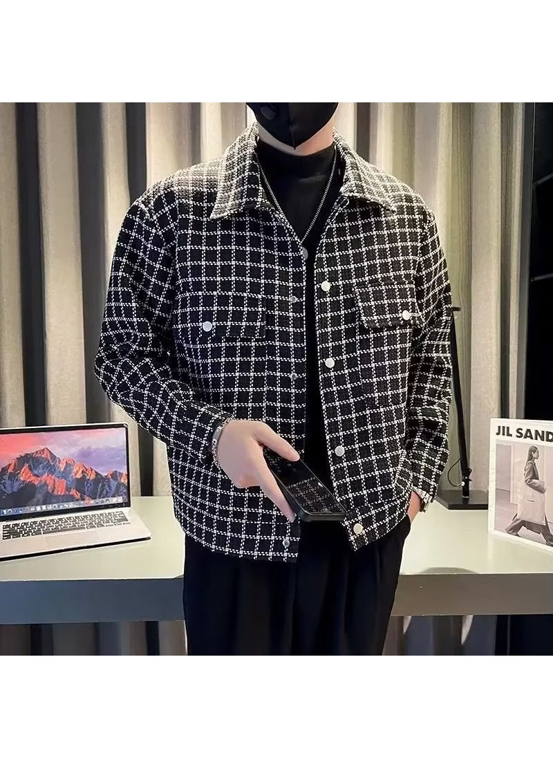 Casual Long Sleeve Mens Shirt Jacket Hong Kong Style Plaid Pattern Spring Autumn Fashion Classic Korean Version Outerwear White