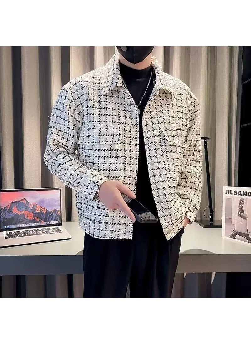 Casual Long Sleeve Mens Shirt Jacket Hong Kong Style Plaid Pattern Spring Autumn Fashion Classic Korean Version Outerwear White