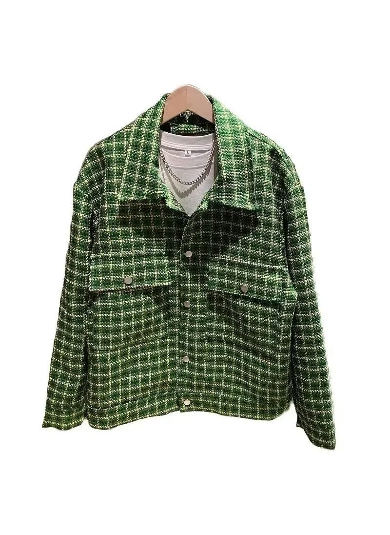 Casual Long Sleeve Mens Shirt Jacket Hong Kong Style Plaid Pattern Spring Autumn Fashion Classic Korean Version Outerwear White