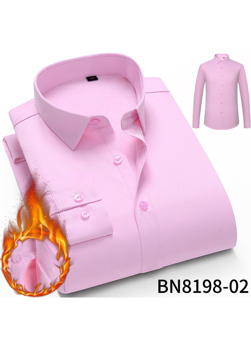 Autumn/Winter Mens Thickened Fleece-Lined Long Sleeve Casual Elastic Warm Shirt Light Business Solid Color Shirt 02 pink