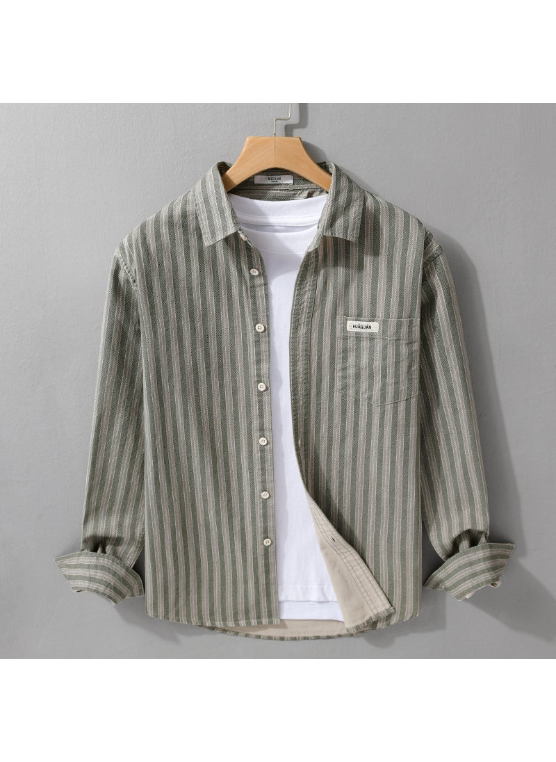 Simple Striped Long Sleeve Shirt For Men Trendy Japanese Style Loose Fit Versatile Youth Fashion Straight Edge Casual Shirt Green strip