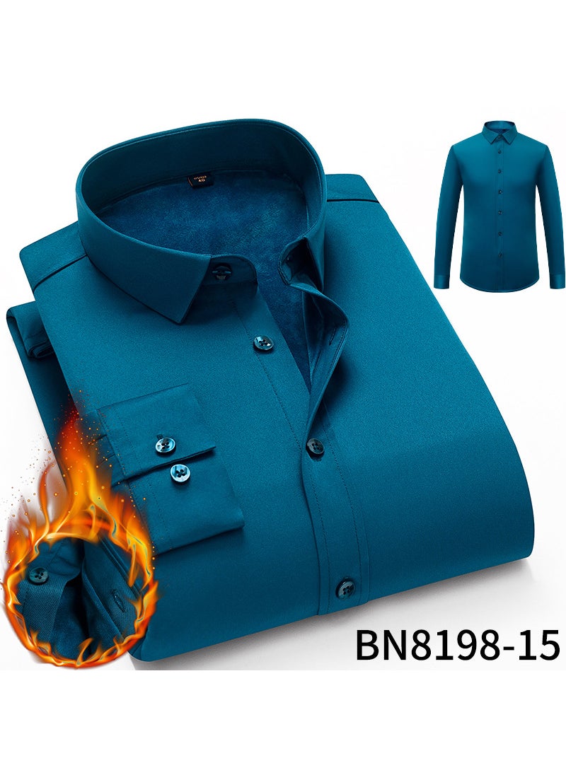 Autumn/Winter Mens Thickened Fleece-Lined Long Sleeve Casual Elastic Warm Shirt Light Business Solid Color Shirt 15 Peacock Green