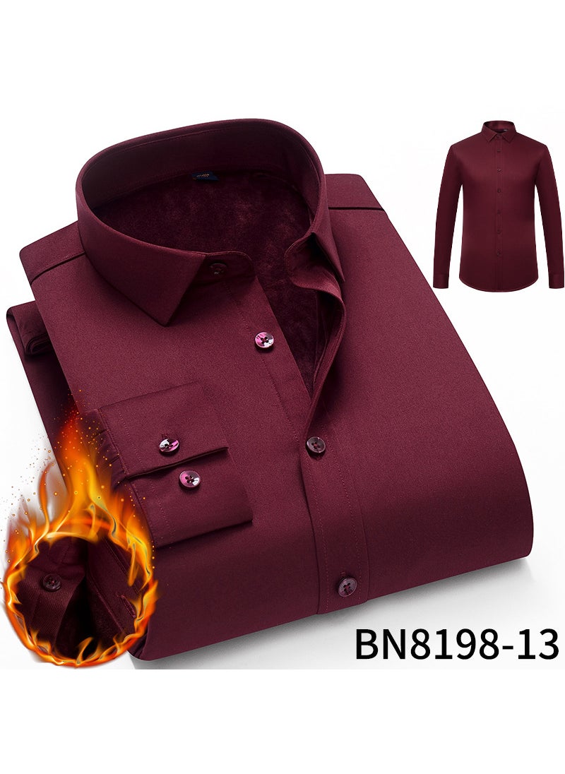 Autumn/Winter Mens Thickened Fleece-Lined Long Sleeve Casual Elastic Warm Shirt Light Business Solid Color Shirt 13 dark red