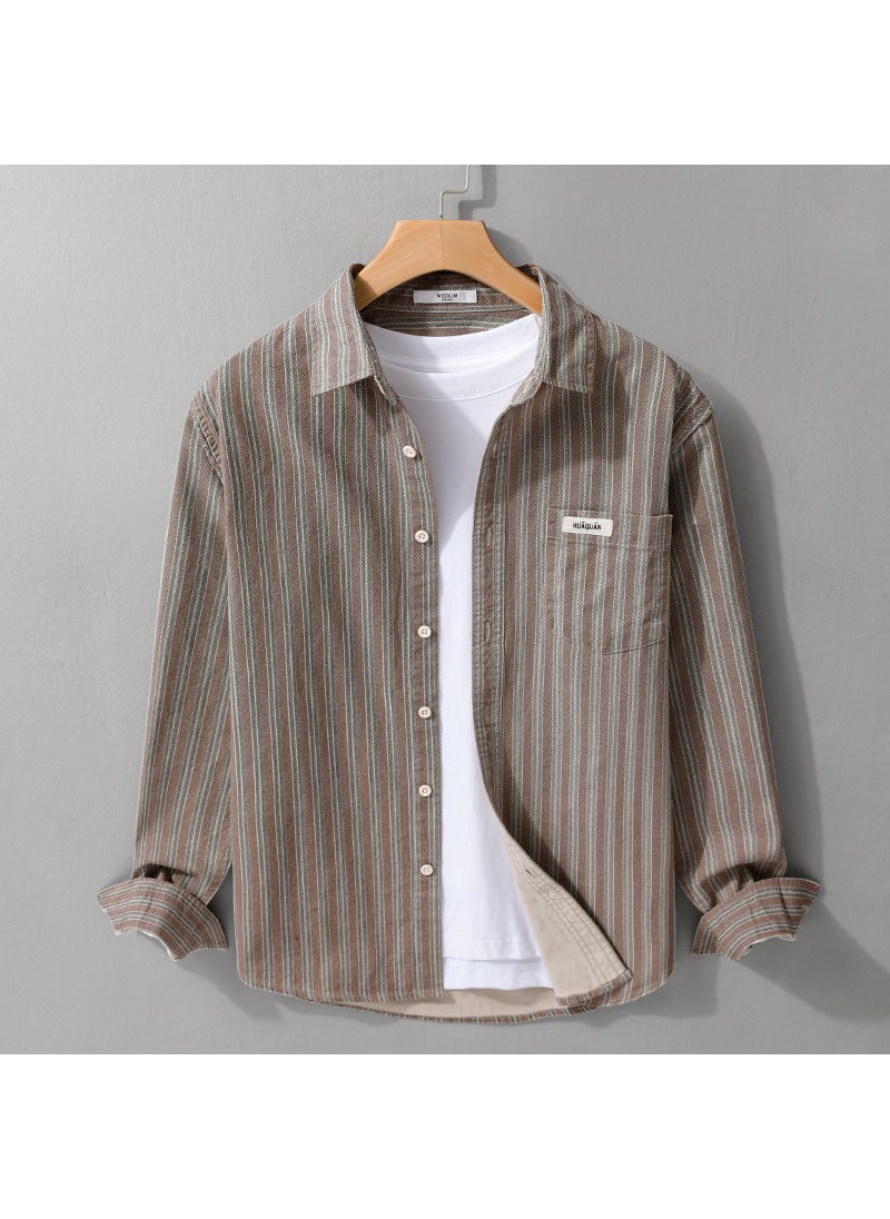 Simple Striped Long Sleeve Shirt For Men Trendy Japanese Style Loose Fit Versatile Youth Fashion Straight Edge Casual Shirt Light coffee strips