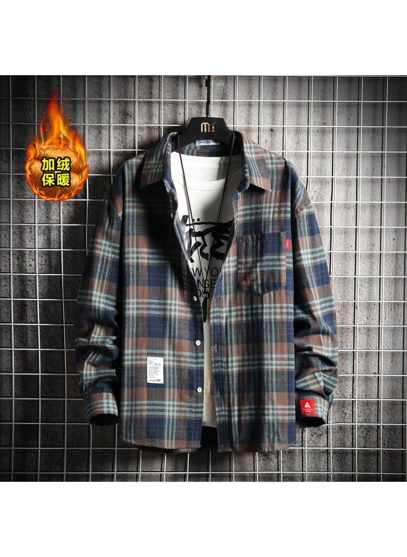 WinterFleece-Lined Thickened Plaid Shirt Mens Loose Fit Trendy Vintage Plus Size Long Sleeve Casual Jacket Couples Outfit Navy blue