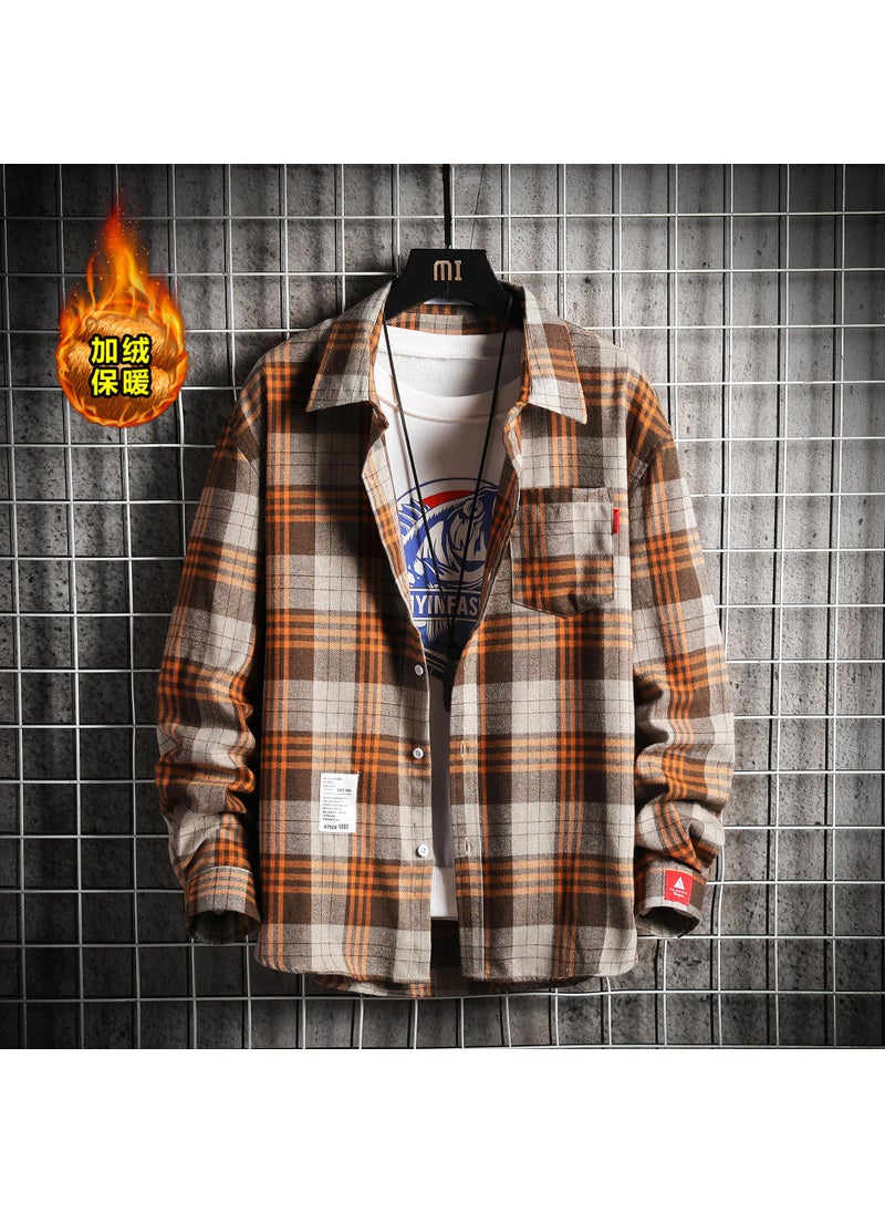 WinterFleece-Lined Thickened Plaid Shirt Mens Loose Fit Trendy Vintage Plus Size Long Sleeve Casual Jacket Couples Outfit Yellow