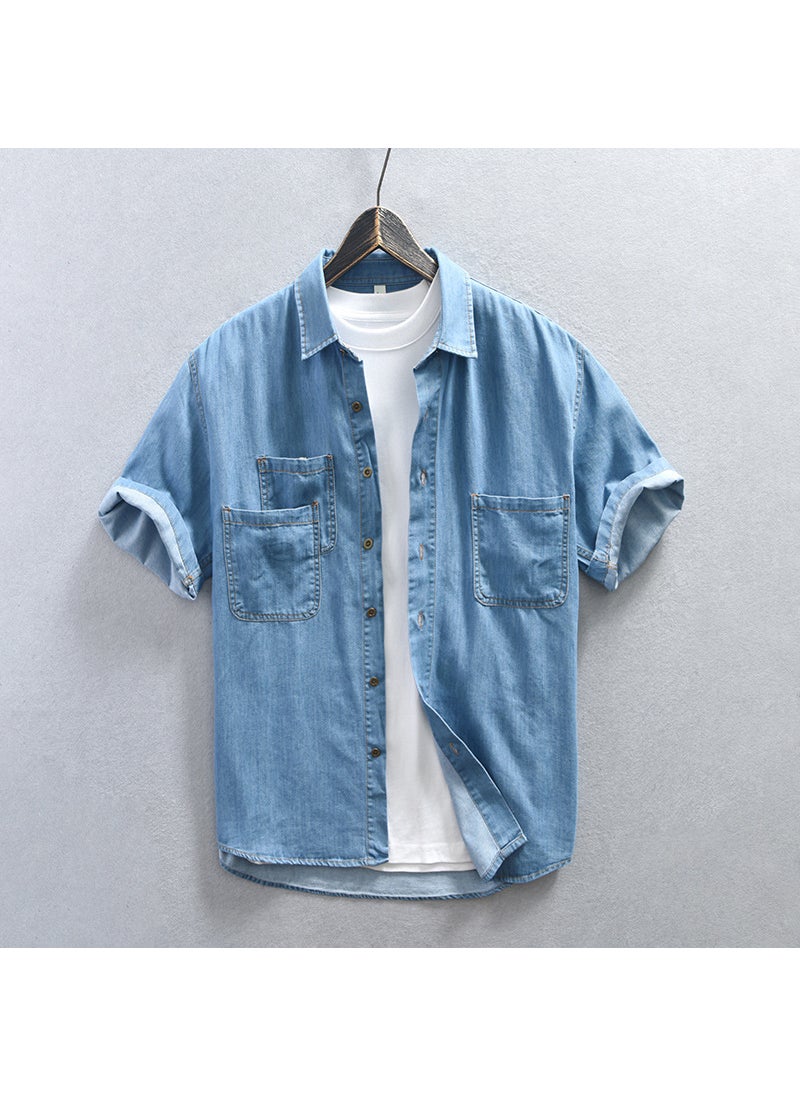 Z930 Mens Denim Casual Short Sleeve Shirt Shirt Casual Style Other Material Short Sleeve For Men light blue