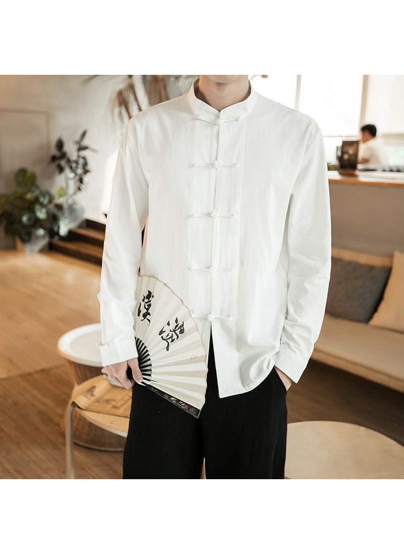 Young Mens Cotton Linen Long Sleeve Shirt with Button Design Traditional Chinese Style Spring Autumn White Retro Zen Clothing White