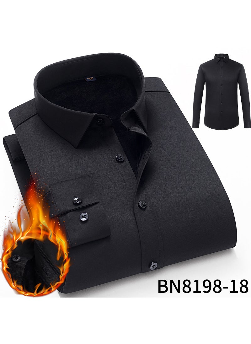 Autumn/Winter Mens Thickened Fleece-Lined Long Sleeve Casual Elastic Warm Shirt Light Business Solid Color Shirt 18 in black.