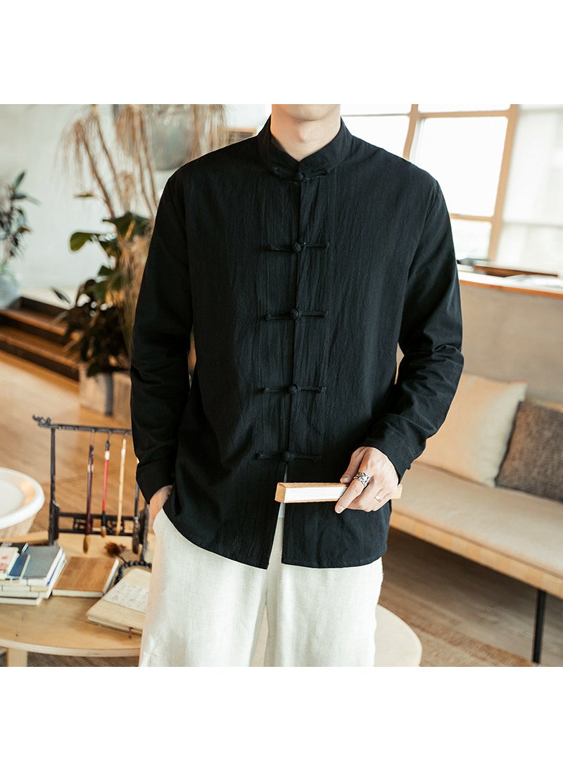 Young Mens Cotton Linen Long Sleeve Shirt with Button Design Traditional Chinese Style Spring Autumn White Retro Zen Clothing Black