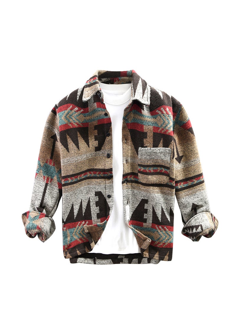 Autumn Winter Retro Patch Color Wool Shirt Coat for Men Khaki