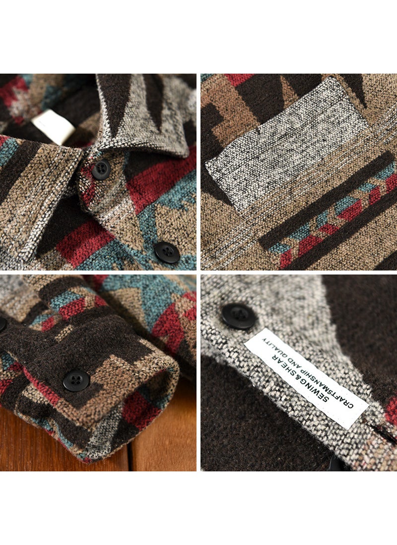 Autumn Winter Retro Patch Color Wool Shirt Coat for Men Khaki