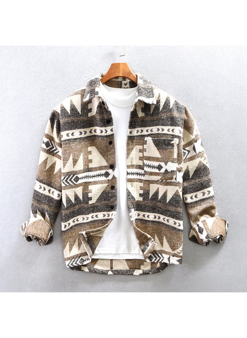 Autumn Winter Retro Patch Color Wool Shirt Coat for Men Khaki