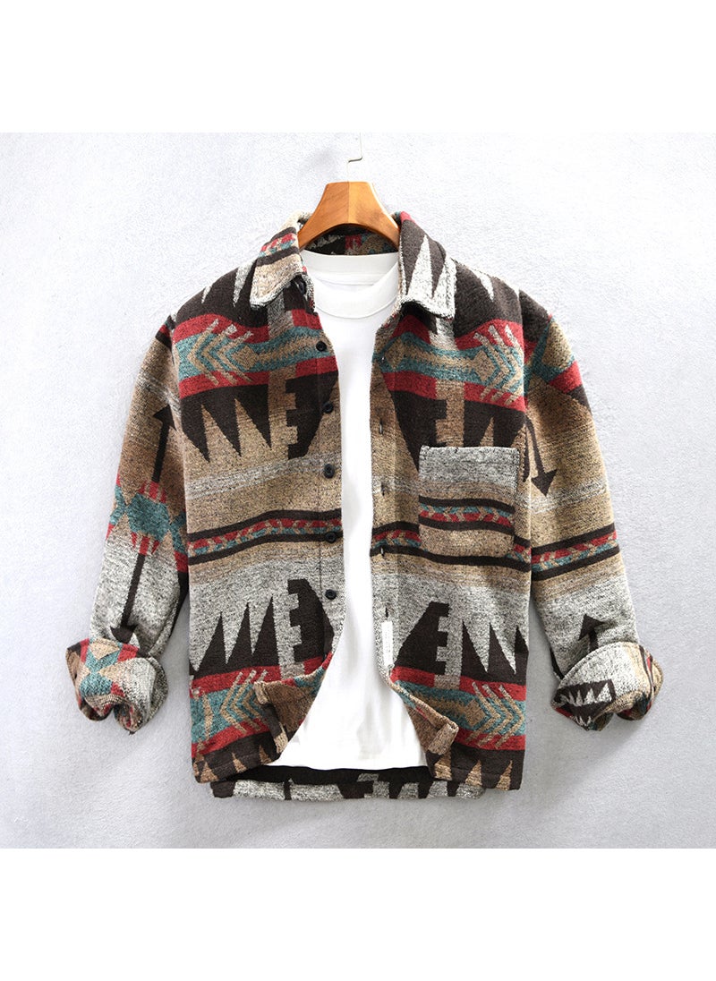 Autumn Winter Retro Patch Color Wool Shirt Coat for Men Khaki