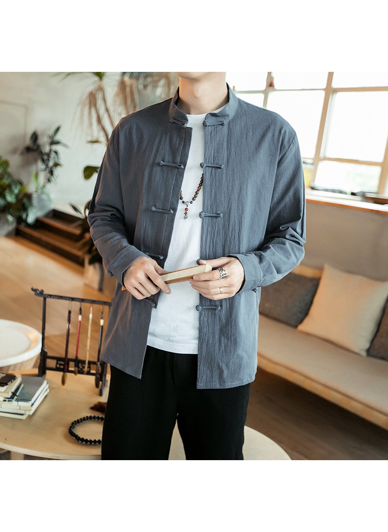 Young Mens Cotton Linen Long Sleeve Shirt with Button Design Traditional Chinese Style Spring Autumn White Retro Zen Clothing Grey