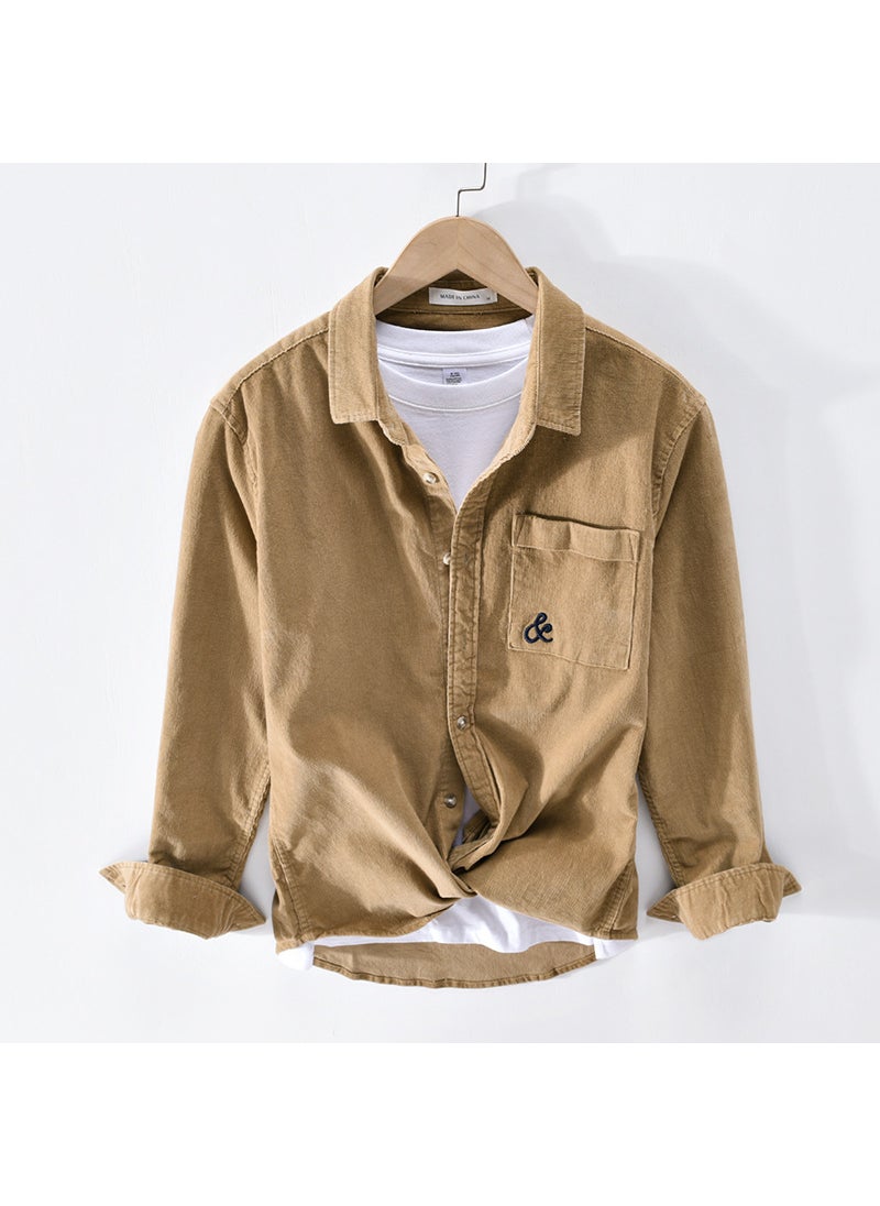 2043 Spring Autumn Mens Long Sleeve Velvet Shirt Embroidery Corduroy Warm Top Korean Style Casual Jacket For Men Khaki