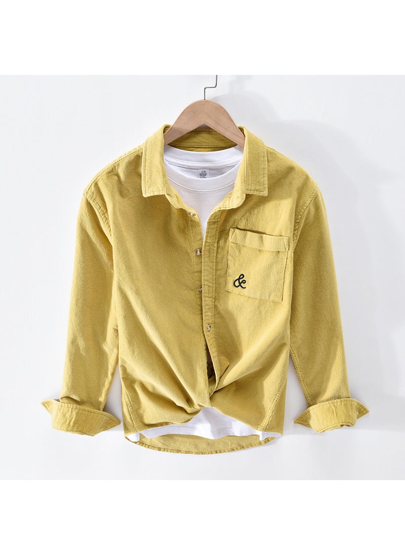 2043 Spring Autumn Mens Long Sleeve Velvet Shirt Embroidery Corduroy Warm Top Korean Style Casual Jacket For Men Khaki