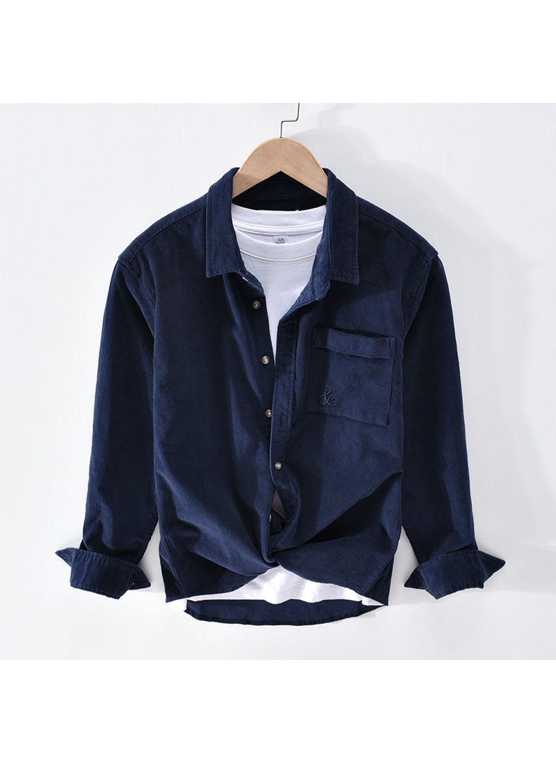 2043 Spring Autumn Mens Long Sleeve Velvet Shirt Embroidery Corduroy Warm Top Korean Style Casual Jacket For Men Sapphire Blue