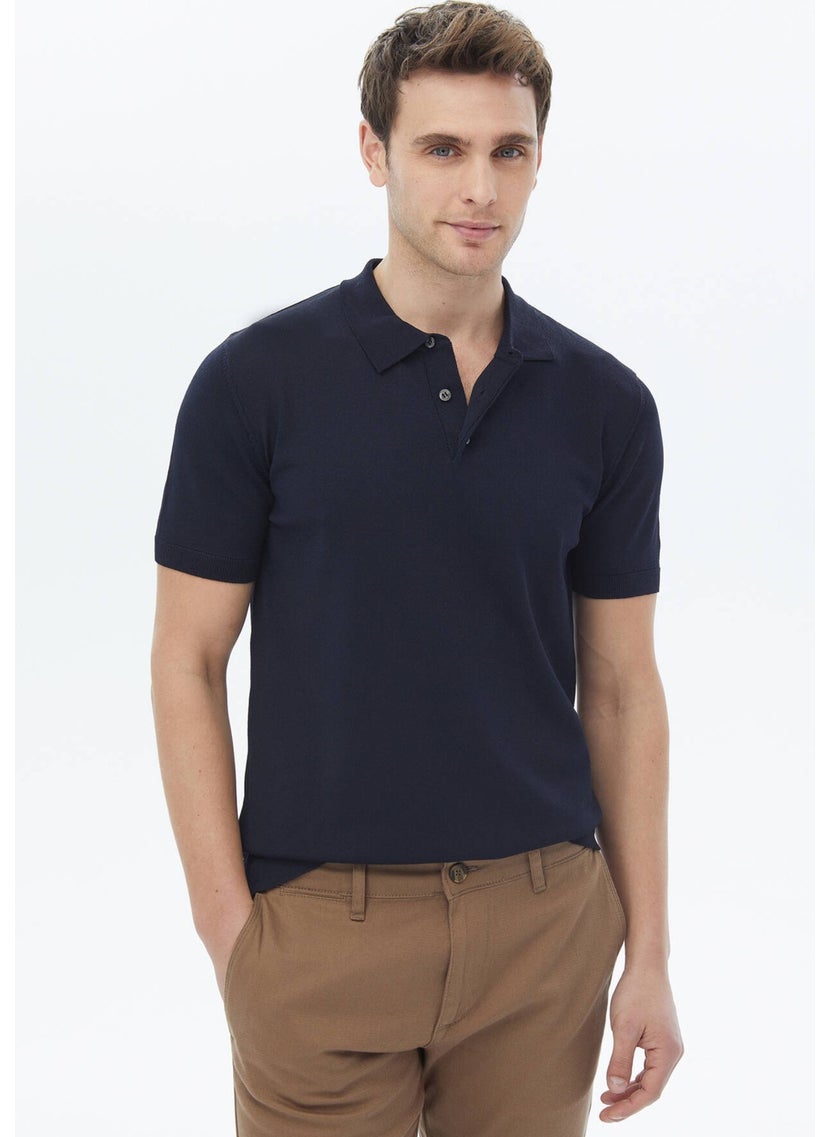 Navy Blue Polo Neck Plain Knit Sweater