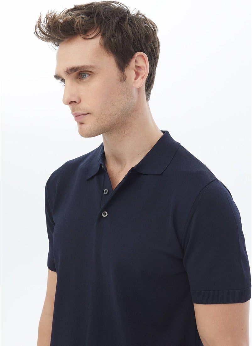 Navy Blue Polo Neck Plain Knit Sweater