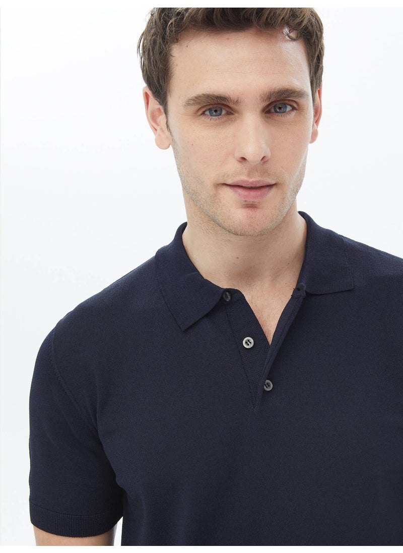Navy Blue Polo Neck Plain Knit Sweater