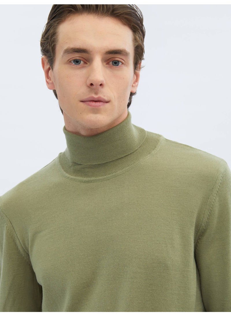 Light Green Full Turtleneck Plain Knit Wool Blend Sweater