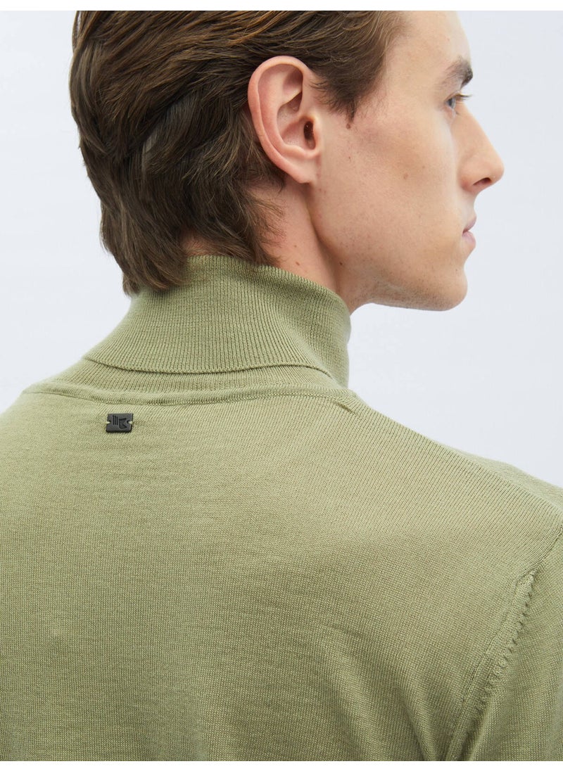 Light Green Full Turtleneck Plain Knit Wool Blend Sweater
