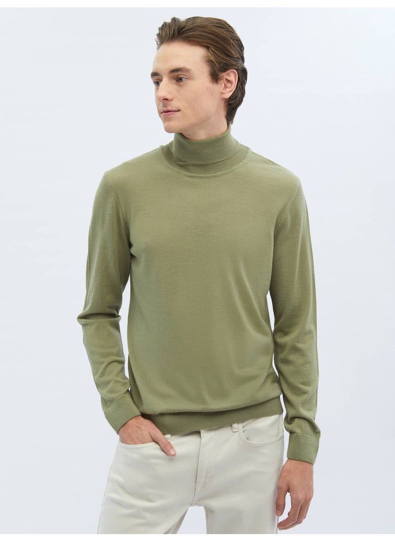 Light Green Full Turtleneck Plain Knit Wool Blend Sweater
