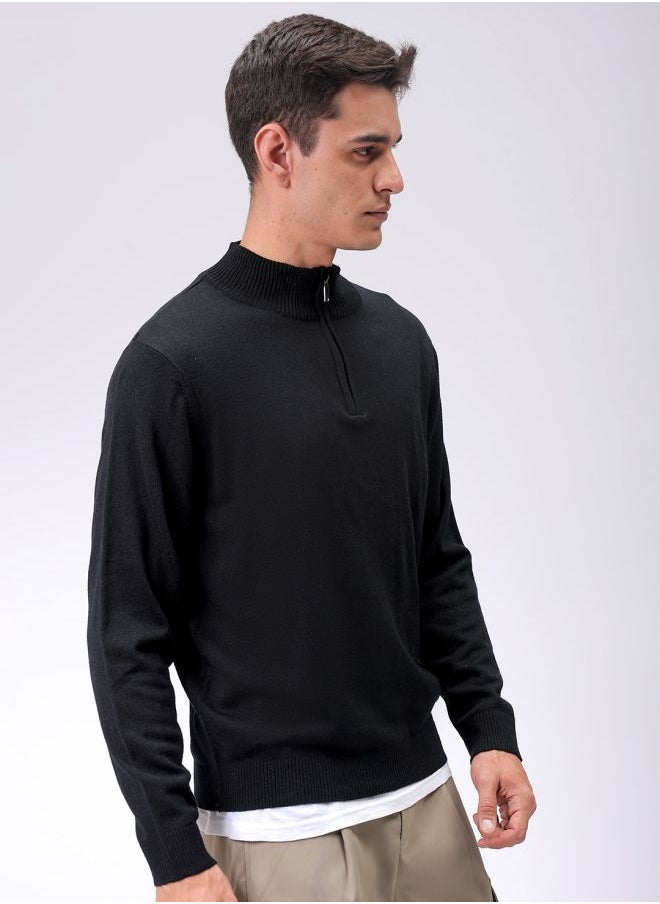 Men Relaxed Fit Solid High Neck Sweater