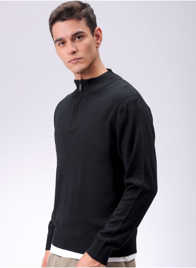 Men Relaxed Fit Solid High Neck Sweater