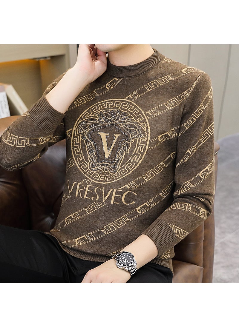 Trendy European Brand Mens Knitted Top2024 Autumn/Winter New Fashionable Rhinestone Round Neck Versatile Base Layer Sweater 8612 brown