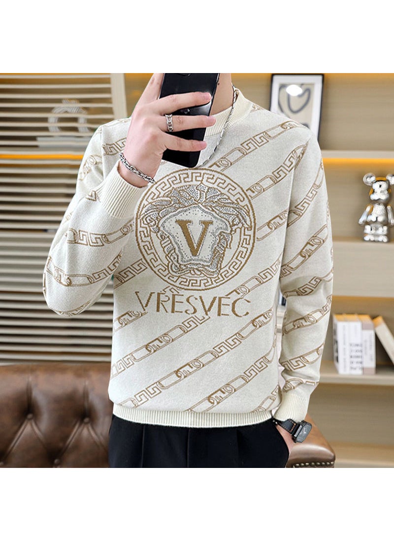 Trendy European Brand Mens Knitted Top2024 Autumn/Winter New Fashionable Rhinestone Round Neck Versatile Base Layer Sweater 8612 brown