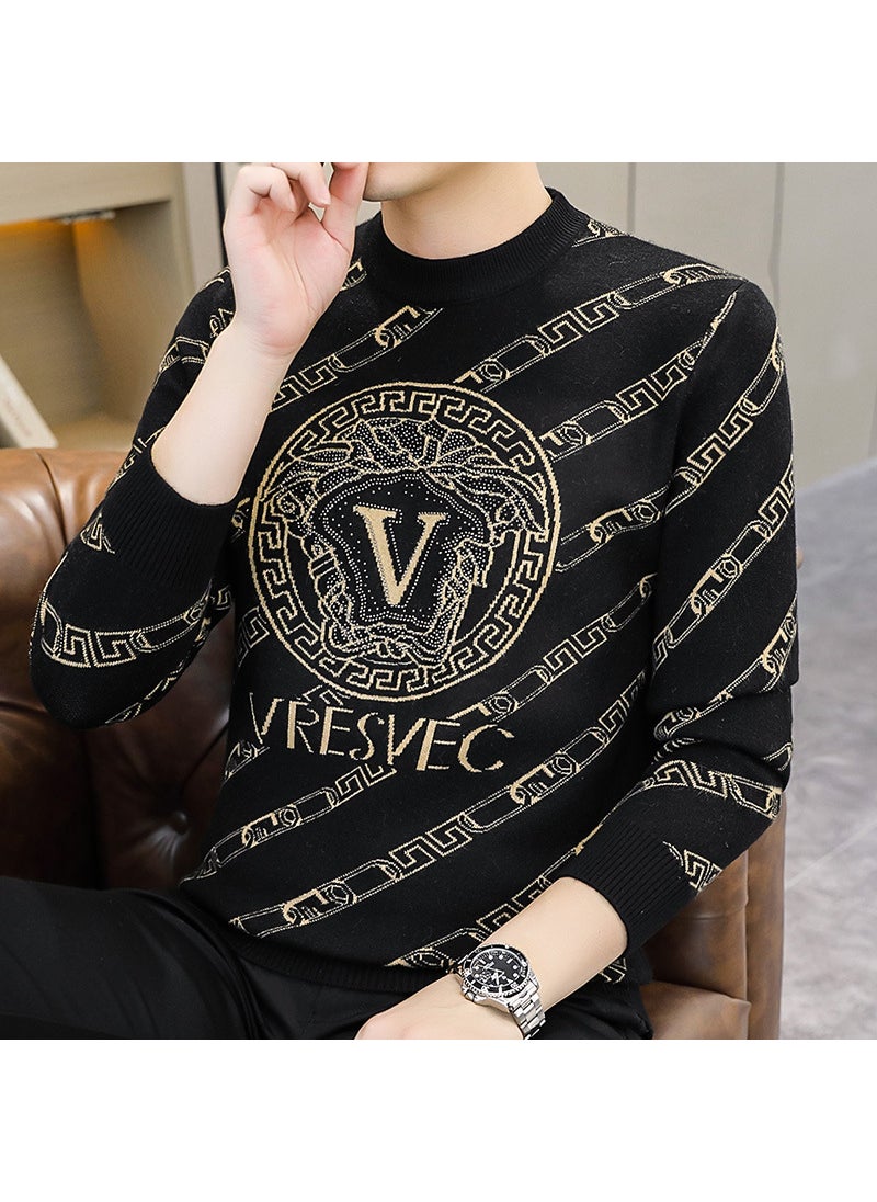 Trendy European Brand Mens Knitted Top2024 Autumn/Winter New Fashionable Rhinestone Round Neck Versatile Base Layer Sweater 8612 brown