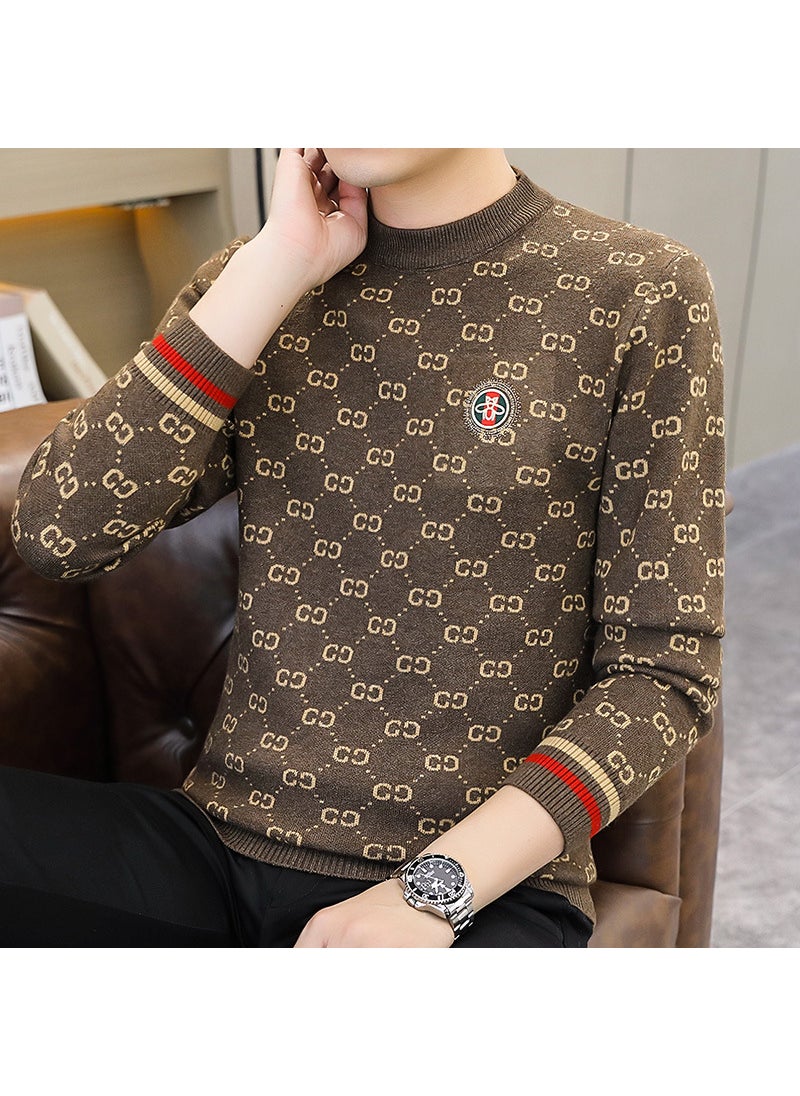 Trendy European Brand Mens Knitted Top2024 Autumn/Winter New Fashionable Rhinestone Round Neck Versatile Base Layer Sweater 8613 brown