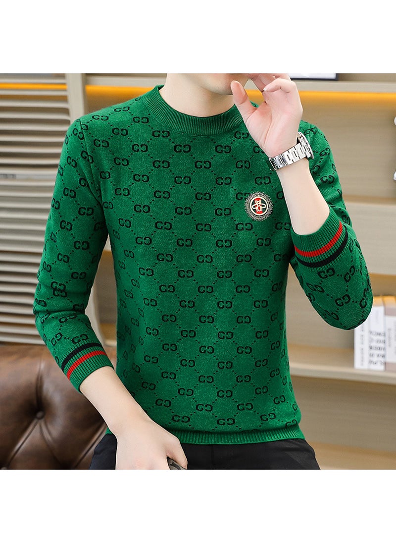 Trendy European Brand Mens Knitted Top2024 Autumn/Winter New Fashionable Rhinestone Round Neck Versatile Base Layer Sweater 8613 green
