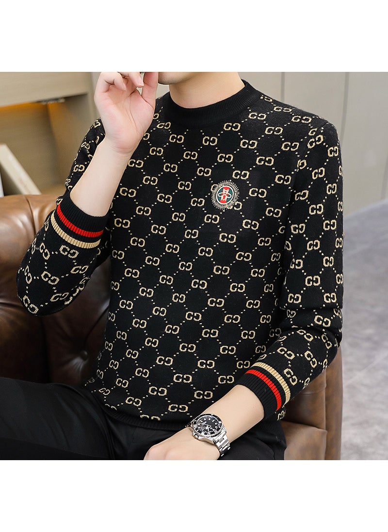 Trendy European Brand Mens Knitted Top2024 Autumn/Winter New Fashionable Rhinestone Round Neck Versatile Base Layer Sweater 8613 green