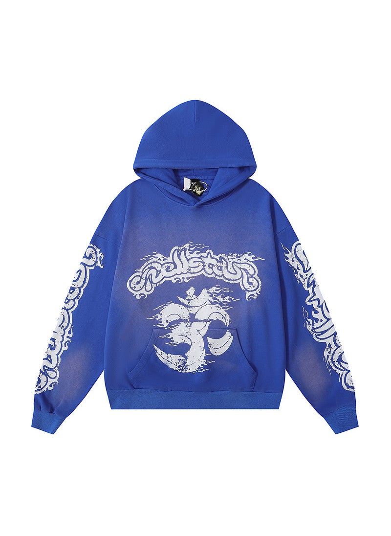 Retro American Letter Print Casual Loose Hoodie Sweatshirt Set for Men And Women Street Style Long Sleeve Spring Autumn Cotton 2205 blue