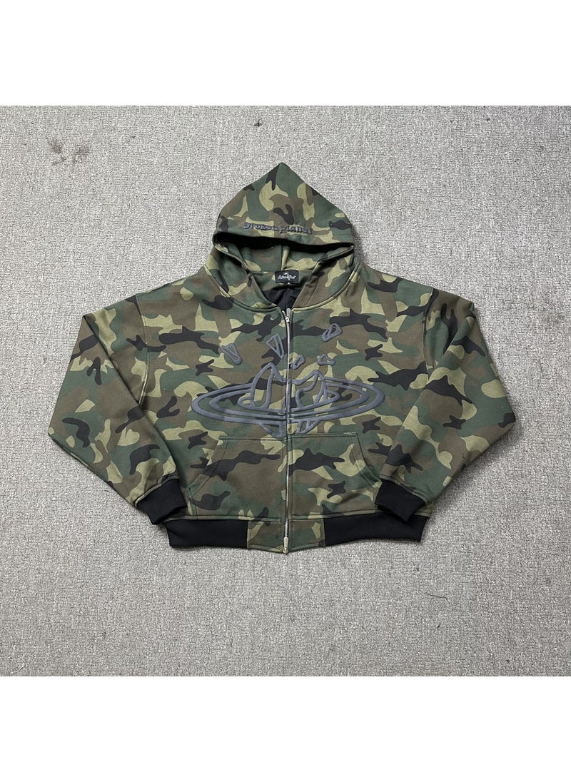 BP Letter Print Casual Hoodie Unisex H228 Camouflage Zip Top