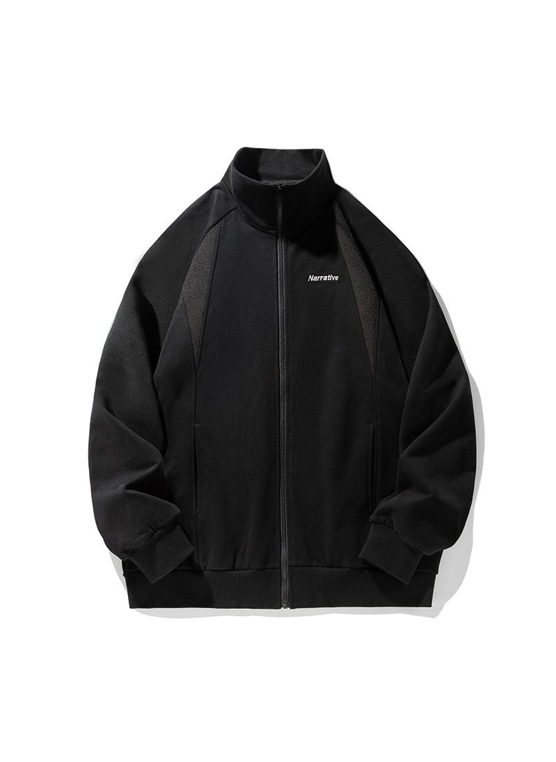 Mens 400G Heavyweight Zip Sweatshirt Autumn Retro Patchwork Jacket Black