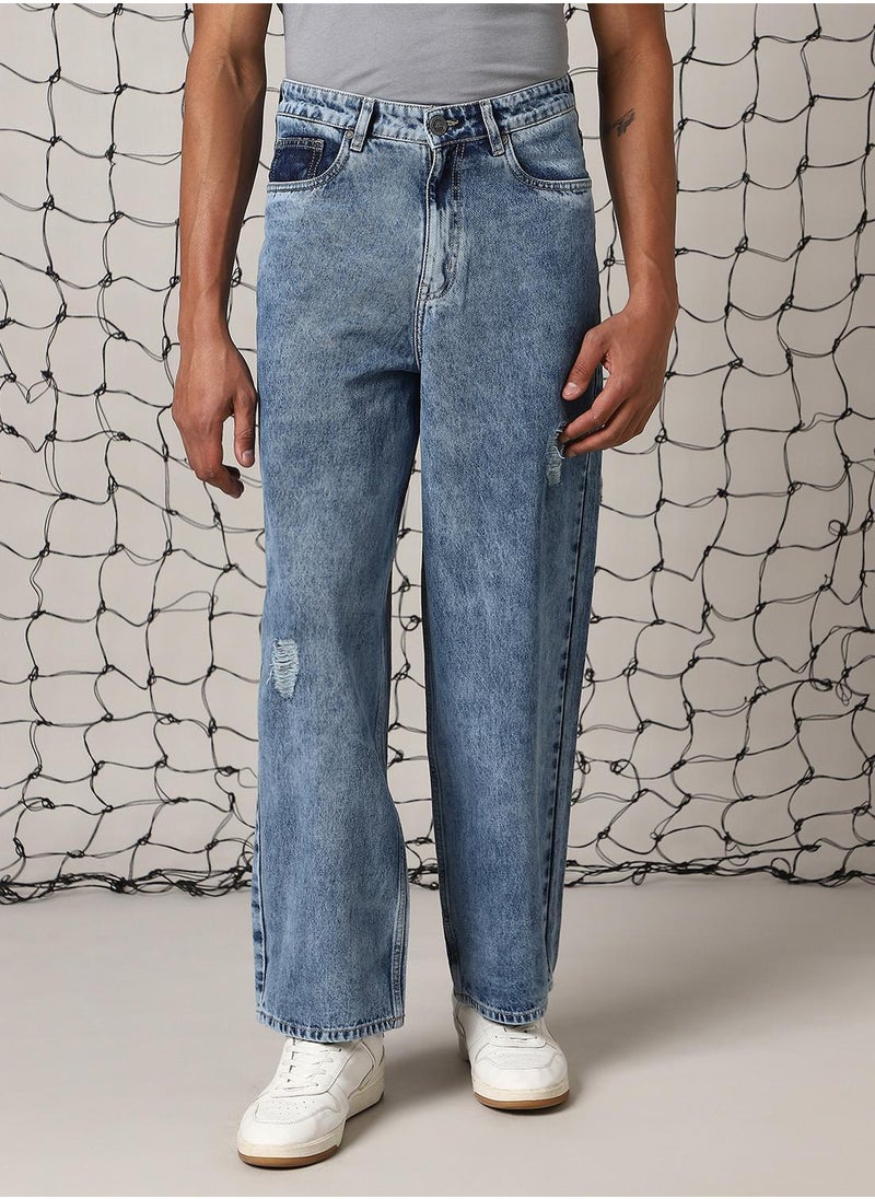 Men's Indigo 100% Cotton Distressed Full Length Loose Fit Jeans