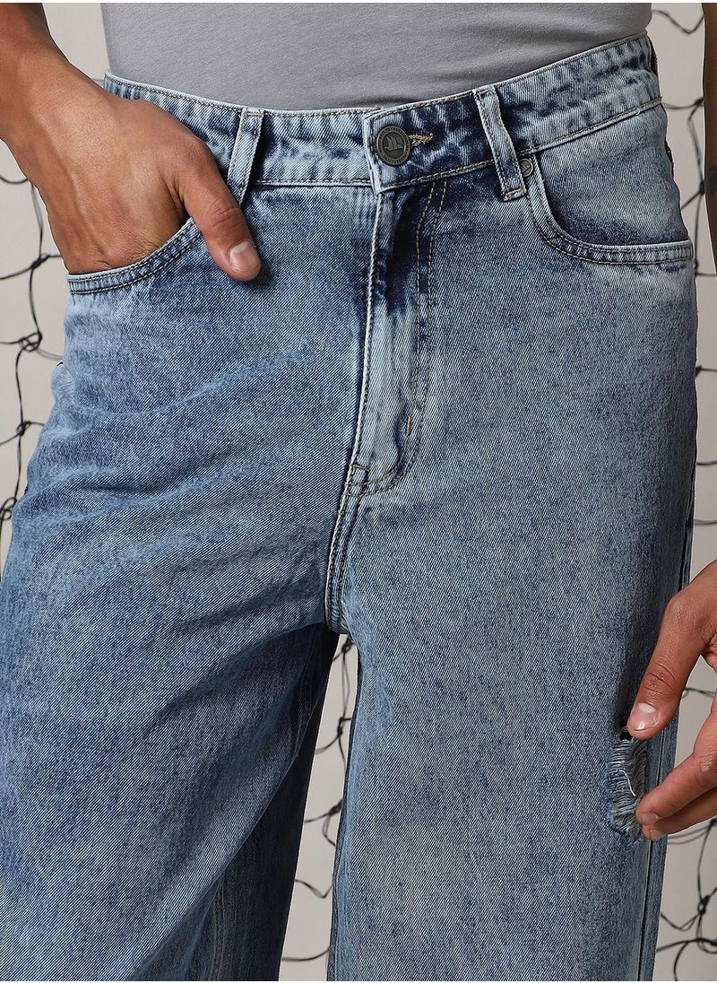 Men's Indigo 100% Cotton Distressed Full Length Loose Fit Jeans