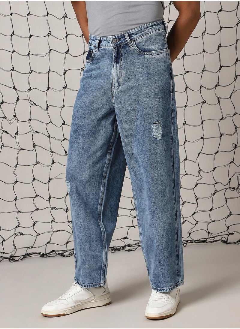 Men's Indigo 100% Cotton Distressed Full Length Loose Fit Jeans
