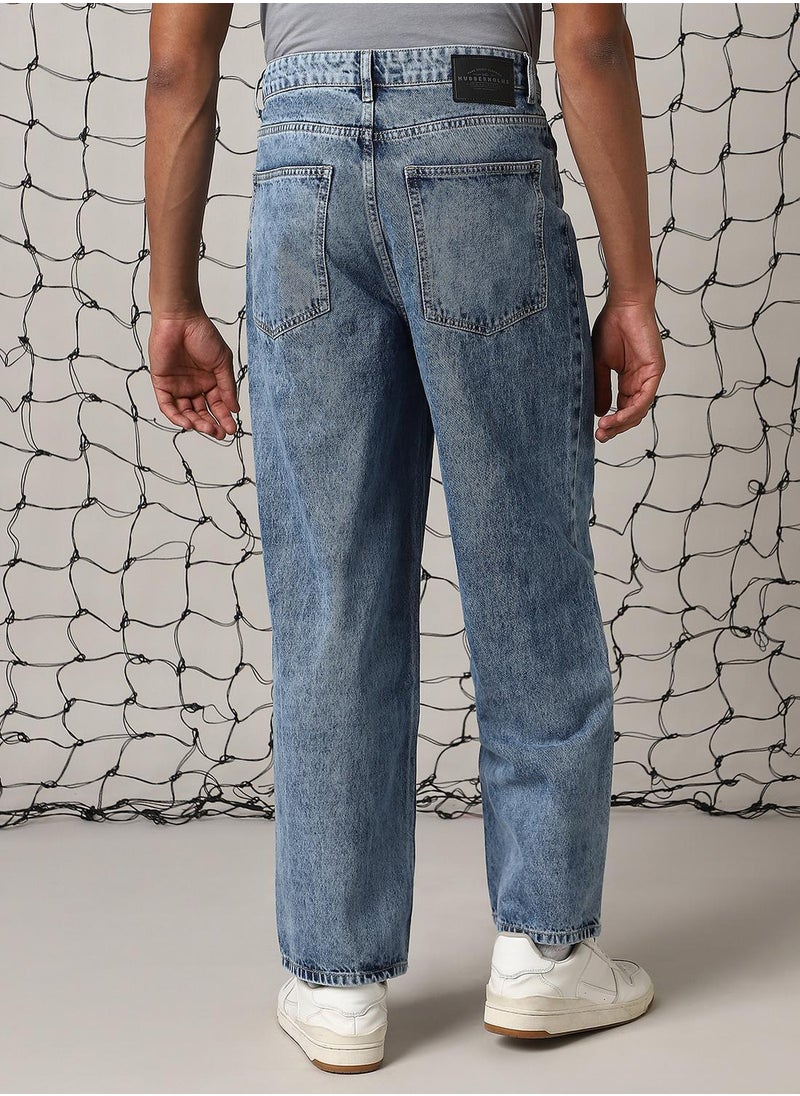 Men's Indigo 100% Cotton Distressed Full Length Loose Fit Jeans