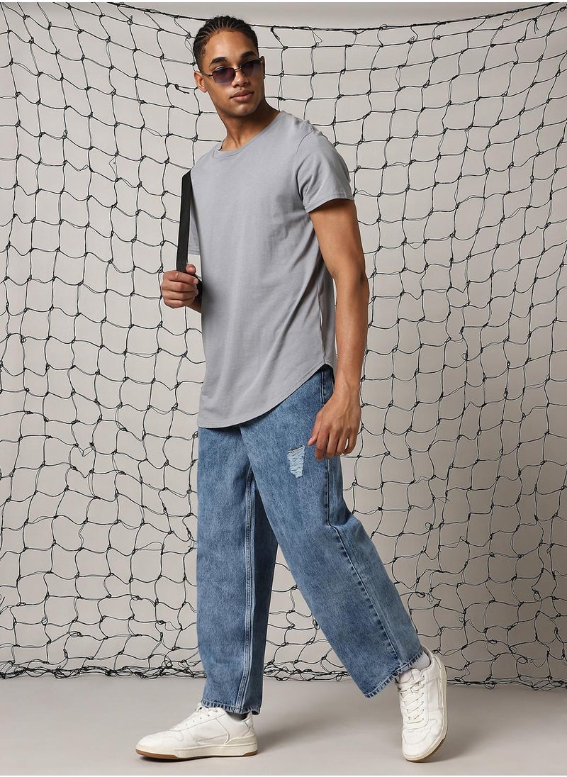 Men's Indigo 100% Cotton Distressed Full Length Loose Fit Jeans