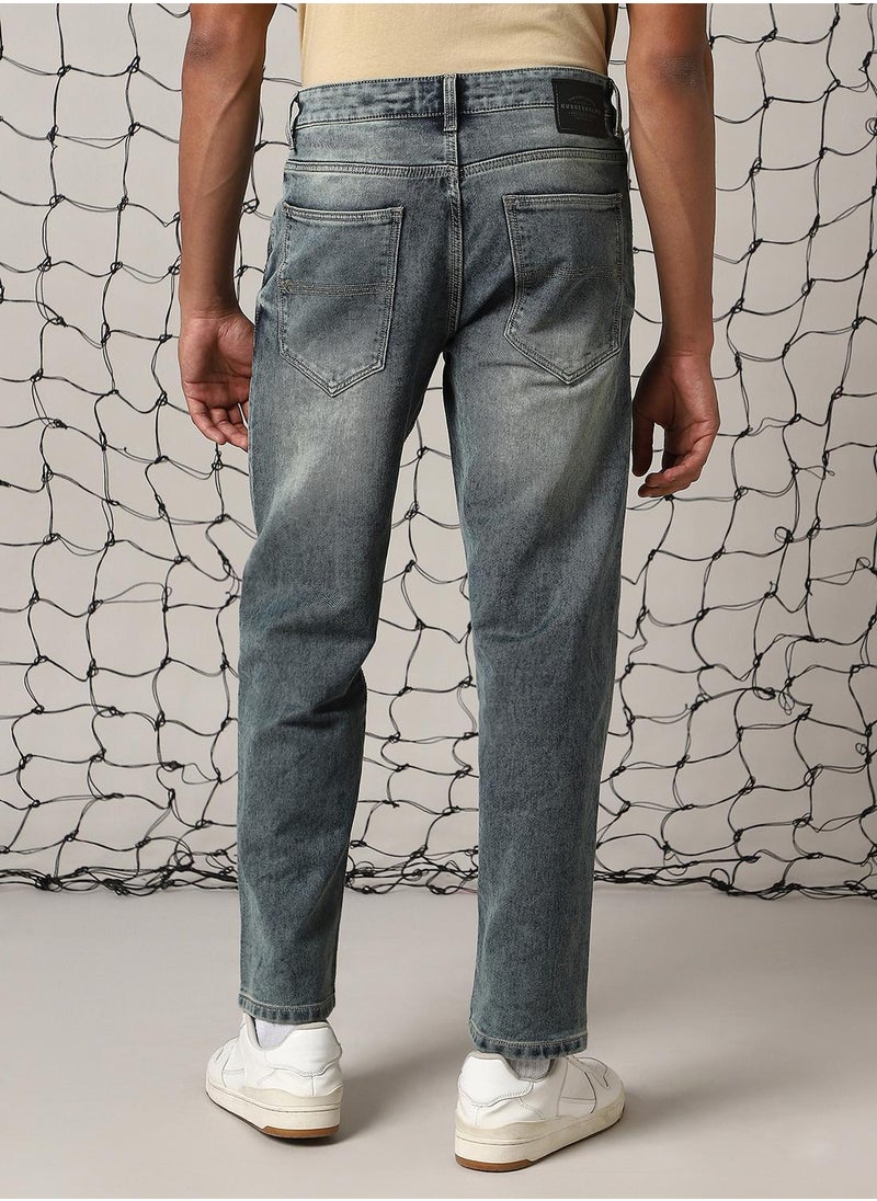Men's Indigo Cotton Blend Distressed Full Length Relaxed Fit Jeans