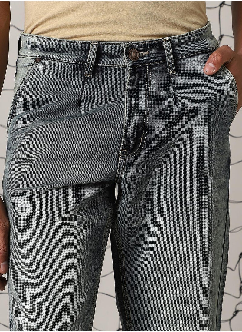 Men's Indigo Cotton Blend Distressed Full Length Relaxed Fit Jeans